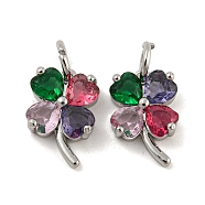 Brass with Colorful Cubic Zirconia Charms, Clover Charms, Platinum, 12x8x4.5mm, Hole: 3.5mm(KK-G490-19P)