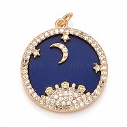 Rack Plating Brass Micro Pave Clear Cubic Zirconia Pendants, Cadmium Free & Nickel Free & Lead Free, Long-Lasting Plated, Flat Round with Moon and Star, Real 18K Gold Plated, 23x21x4mm, Jump Ring: 5x1mm, Inner Diameter: 3mm(KK-M229-05G)