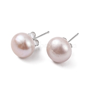 Natural Pearl Round Bead Stud Earrings, with Real Platinum Plated 925 Sterling Silver Findings, Thistle, 18x9~10mm(EJEW-E298-01F-03P)