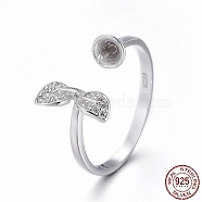 Rhodium Plated 925 Sterling Silver Cuff Rings, Open Rings Components, For Half Drilled Beads, with Cubic Zirconia, Leaf, with 925 Stamp, Platinum, Size 8, 18mm, Tray: 3.5mm, Pin: 0.8mm(STER-F048-22P)