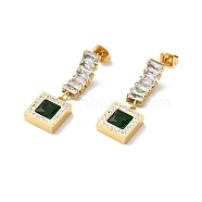 Rhinestone Square Long Dangle Stud Earrings with Glass, Ion Plating(IP) 304 Stainless Steel Jewelry for Women, Golden, 33x11mm, Pin: 0.9mm(EJEW-P203-13G)