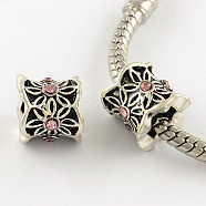 Antique Silver Plated Alloy Rhinestone Large Hole European Beads, Column with Flower, Light Rose, 9x10mm, Hole: 5mm(X-MPDL-R041-08F)