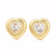 Clear Cubic Zirconia Heart Stud Earrings, Rack Plating Brass Jewelry for Women, Cadmium Free & Lead Free, Real 18K Gold Plated, 14.5x14.5mm, Pin: 0.8mm(EJEW-L231-69G)