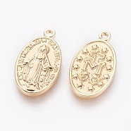 Brass Pendants, Oval with Virgin Mary and Word, Real 18K Gold Plated, 20.5x12x2mm, Hole: 1.4mm(KK-O115-37G)