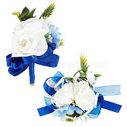 1Pc Silk Cloth Wrist Corsage, with 1Pc Silk Cloth Flower Boutonniere Brooch, for Wedding, Parties, Marine Blue, 127x22~90x47mm(AJEW-CP0001-73)