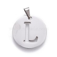 201 Stainless Steel Pendants, Flat Round with Letter, Stainless Steel Color, Letter L, 20x1.3mm, Hole: 4x3mm(STAS-L221-33L)