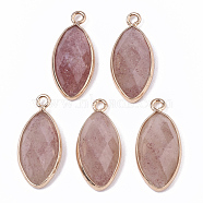 Natural Strawberry Quartz Pendants, with Golden Plated Edge Brass Findings, Faceted, Horse Eye, 20x9x5mm, Hole: 1.2mm(G-T131-07I)