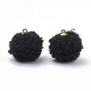 Handmade Cloth Fabric Covered Pendants, with Golden Tone Alloy Findings, Round, Black, 19~20.5x17mm, Hole: 2mm(WOVE-N006-16A)