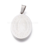 304 Stainless Steel Lady of Guadalupe Pendants, Oval with Virgin Mary, Stainless Steel Color, 26.5x17x2mm, Hole: 6mm(STAS-O138-14P)