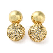 Rack Plating Brass Micro Pave Clear Cubic Zirconia Round Ball Stud Earring, Long-Lasting Plated, Lead Free & Cadmium Free, Real 18K Gold Plated, 17.5x10mm(EJEW-H099-09G)