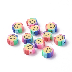Handmade Polymer Clay Beads, Flower with Smile Face, Colorful, 9~10.5x4.5mm, Hole: 1.6mm(CLAY-I010-15)