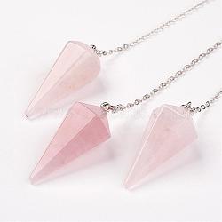 Natural Rose Quartz Hexagonal Pointed Dowsing Pendulums, with Brass Cross Chains, Cone, Platinum, Lead Free & Nickel Free, 8-1/4 inch(215mm)(G-G956-D08-FF)