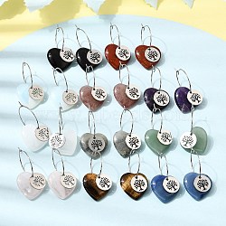 Natural & Synthetic Gemstone & 304 Stainless Steel Hoop Earrings for Women, Flat Round with Tree of Life Pattern & Heart, Stainless Steel Color, 35x20mm(EJEW-G475-05P)