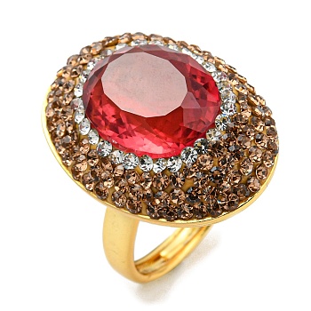 Red Glass Oval Adjustable Ring with Rhinestone, Brass Ring for Women, Golden, US Size 8 1/4(18.3mm)
