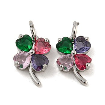 Brass with Colorful Cubic Zirconia Charms, Clover Charms, Platinum, 12x8x4.5mm, Hole: 3.5mm