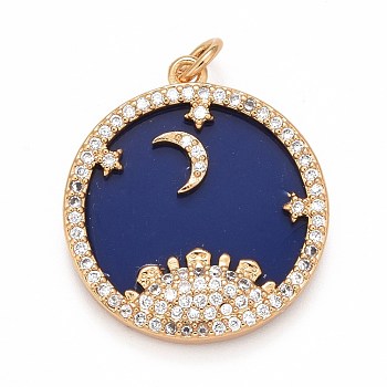 Rack Plating Brass Micro Pave Clear Cubic Zirconia Pendants, Cadmium Free & Nickel Free & Lead Free, Long-Lasting Plated, Flat Round with Moon and Star, Real 18K Gold Plated, 23x21x4mm, Jump Ring: 5x1mm, Inner Diameter: 3mm