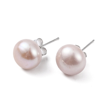Natural Pearl Round Bead Stud Earrings, with Real Platinum Plated 925 Sterling Silver Findings, Thistle, 18x9~10mm