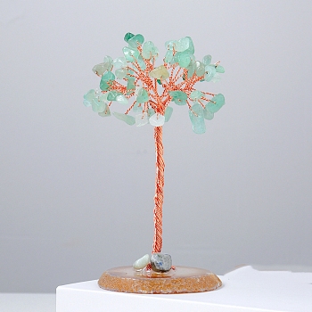 Natural Green Aventurine Chips Tree of Life Decorations, Natural Agate Slices Base with Copper Wire Feng Shui Energy Stone Gift for Women Men Meditation, 110~20mm