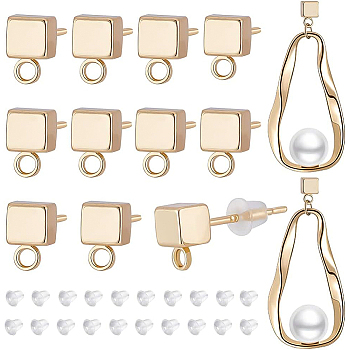 6 Pairs Brass Stud Earring Findings, with Horizontal Loops and 30Pcs Plastic Ear Nuts, Cube, Real 14K Gold Plated, 6.5x4x4mm, Hole: 1.5mm, Pin: 0.8mm