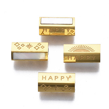 316 Surgical Stainless Steel Beads, with Shell, Real 14K Gold Plated, Hexagon with Word Happy, Seashell Color, 12x6x6mm, Hole: 2mm
