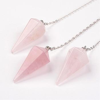 Natural Rose Quartz Hexagonal Pointed Dowsing Pendulums, with Brass Cross Chains, Cone, Platinum, Lead Free & Nickel Free, 8-1/4 inch(215mm)