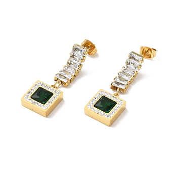 Rhinestone Square Long Dangle Stud Earrings with Glass, Ion Plating(IP) 304 Stainless Steel Jewelry for Women, Golden, 33x11mm, Pin: 0.9mm