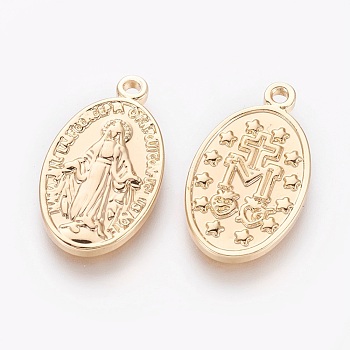 Brass Pendants, Oval with Virgin Mary and Word, Real 18K Gold Plated, 20.5x12x2mm, Hole: 1.4mm