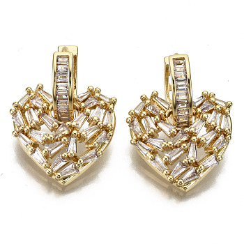 Brass Micro Pave Clear Cubic Zirconia Dangle Huggie Hoop Earrings, Nickel Free, Heart, Real 16K Gold Plated, 28mm, Pin: 1mm