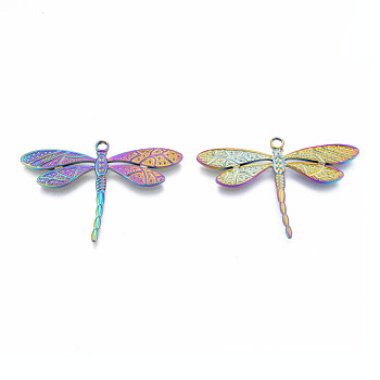 Rack Plating 304 Stainless Steel Pendant Rhinestone Settings, Dragonfly, Rainbow Color, Fit For 1.2mm Rhinestone, 34.5x50x2mm, Hole: 3mm