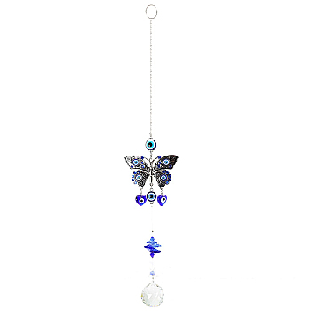 K9 Crystal Glass Big Pendant Decorations, Hanging Sun Catchers, with Metal Hook, Butterfly with Evil Eye, Blue, 440~490x68mm