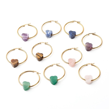 Heart Natural Stone Beads Earrings for Girl Women, 304 Stainless Steel Big Hoop Earrings, Golden, 49x39.5mm, Pin: 0.8mm