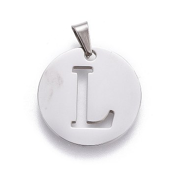 201 Stainless Steel Pendants, Flat Round with Letter, Stainless Steel Color, Letter L, 20x1.3mm, Hole: 4x3mm