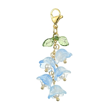 Glass & Acrylic Pendant Decorations, with 304 Stainless Steel Lobster Claw Clasps, Flower & Leaf, Deep Sky Blue, 52.5mm