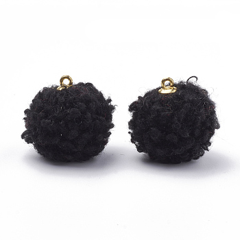 Handmade Cloth Fabric Covered Pendants, with Golden Tone Alloy Findings, Round, Black, 19~20.5x17mm, Hole: 2mm