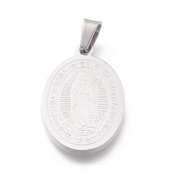 304 Stainless Steel Lady of Guadalupe Pendants, Oval with Virgin Mary, Stainless Steel Color, 26.5x17x2mm, Hole: 6mm