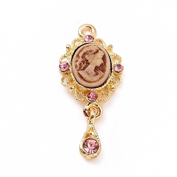 Alloy Cameo Oval Resin Pendants, Woman Lady Head Charms, Golden, with Glass, Camel, 21x13x4mm, Hole: 1mm