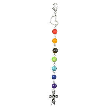 Crucifix Cross & Heart Alloy Pendant Decorations, Chakra Natural & Synthetic Mixed Stone Beads and Lobster Claw Clasps Charms, 155mm