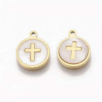 304 Stainless Steel Charms, with Shell, Flat Round with Cross, Golden, 12x10x1.5mm, Hole: 1.2mm