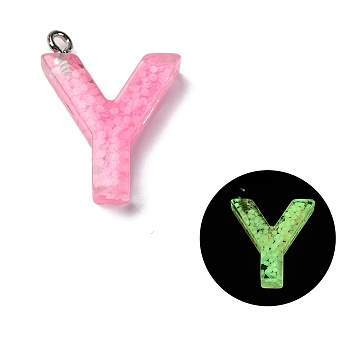 Luminous Resin Pendants, Glow in the Dark, with Platinum Plated Loop, Letter, Letter Y, 24x18.5x5mm, Hole: 1.8mm