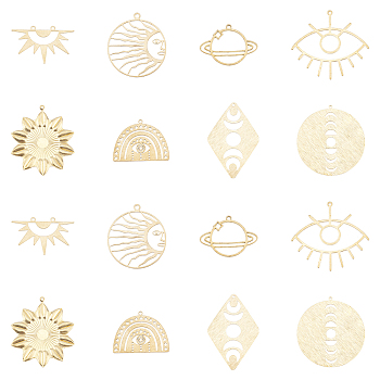 AHADERMAKER 16Pcs 8 Style Brass Pendants, DIY Accessories, for Bracelets, Earrings, Necklaces, Flat Round & Half Round & Round Ring & Evil Eye & Rhombus & Flower & Planet & Sun, Raw(Unplated), 21.5~43x26~41.5x0.6~1.5mm, Hole: 1.2~2mm, 2pcs/style