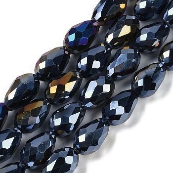 Opaque Solid Color Electroplate Glass Beads Strands, AB Color Plated, Faceted, Teardrop, Black, 8x6mm, Hole: 1.2mm, about 65~67pcs/strand, 20.08 inch(51cm)