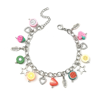 Polymer Clay Fruit Theme & Alloy Charm Bracelet, with 304 Stainless Steel Cable Chains, Colorful, 7-1/4 inch(18.5cm)