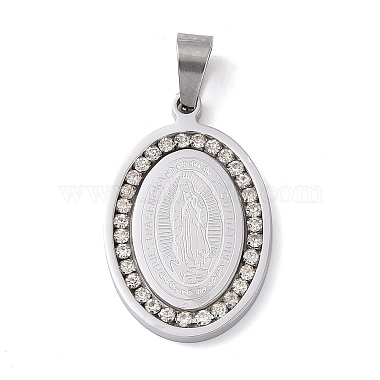 304 Stainless Steel Crystal Rhinestone Flat Oval with Virgin Mary Holy Pendants(STAS-E093-01)-2