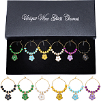 Glass Seed Bead Wine Glass Charms, Flower Alloy Enamel Glass Charms Rings, Mixed Color, 45mm, 6pcs/set(AJEW-SC00024)
