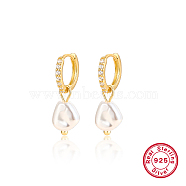 925 Sterling Silver Micro Pave Cubic Zirconia Dangle Hoop Earrings, Natural Pearl Drop Earrings, with 925 Stamp, Real 18K Gold Plated, 22x5mm(BN9515-1)