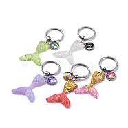 Resin Glitter Powder Keychain, with 316 Surgical Stainless Steel Split Key Rings, Mermaid Tail Shape & Flat Round with Mermaid Fish Scale, Mixed Color, 75mm(X-KEYC-JKC00211)