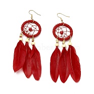 Feather Woven Net Chandelier Earrings, Alloy Long Tassel Drop Earrings for Women, Red, 126mm, Pin: 0.6mm(EJEW-H090-01F)