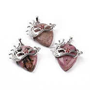 Natural Rhodonite Pendants, Teardrop with Mask Charms, with Rack Plating Platinum Plated Brass Ruby Rhinestone Findings, 37~37.5x34.5~36x10~11mm, Hole: 6x4mm(G-P496-02P-04)