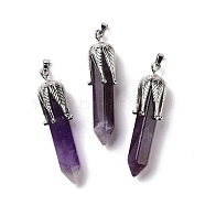 Natural Amethyst Big Pendants, with Platinum Tone Brass Findings, Cadmium Free & Lead Free, Bullet with Leaf, 53.5~57x14~15x14~15mm, Hole: 7x4mm(G-E059-03AS-04)