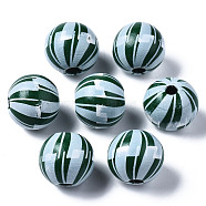 Painted Natural Wood European Beads, Large Hole Beads, Printed, Round with Stripe, Dark Green, 16x15mm, Hole: 4mm(WOOD-S057-042A)